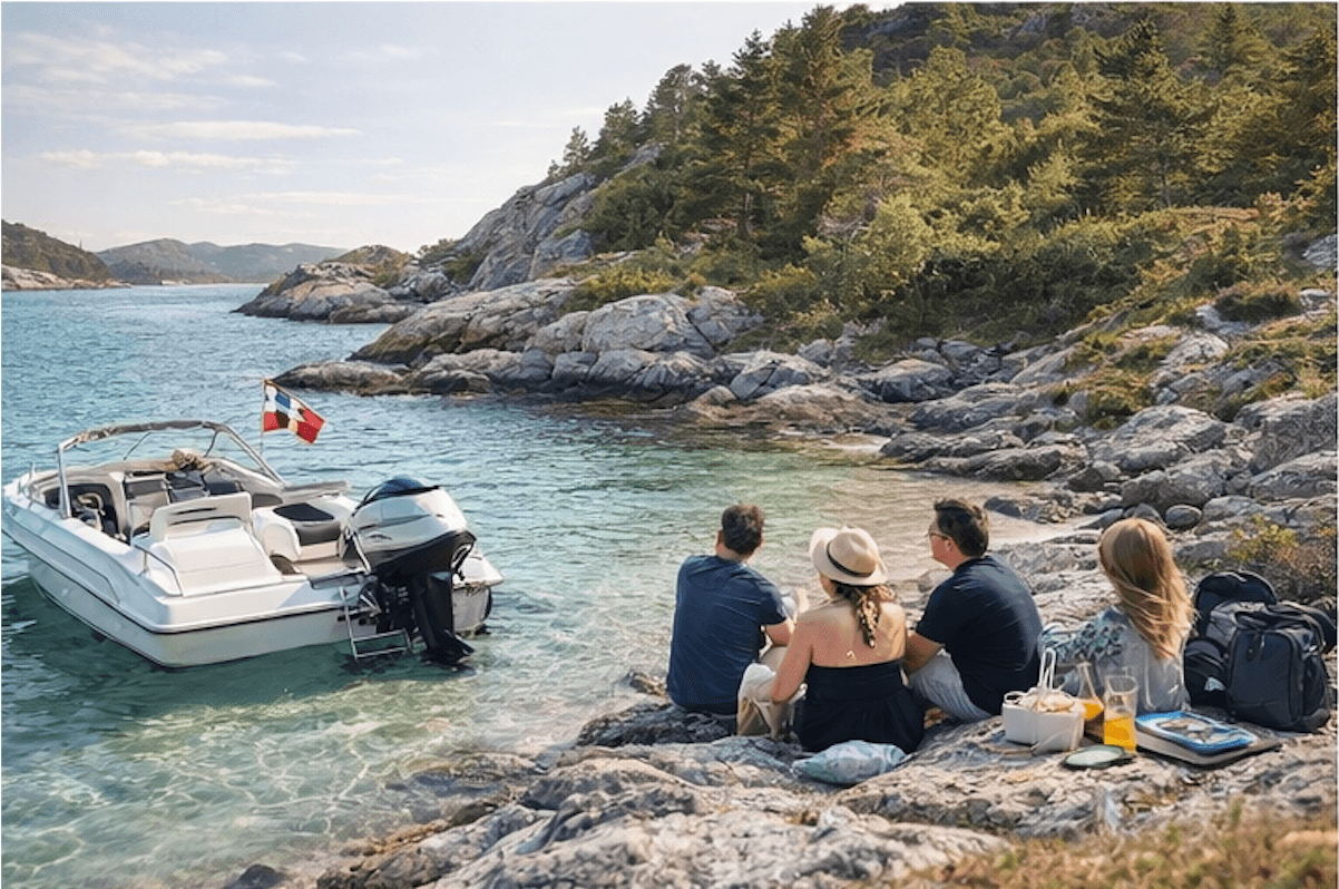 Family in a boat on calm water by the cabin