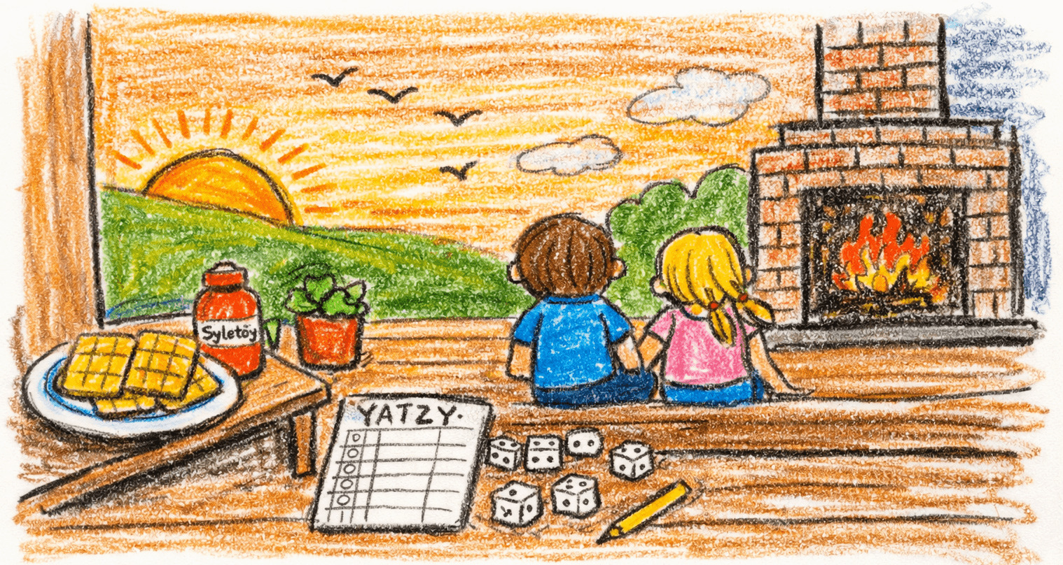 Barnetegning av kveld pÄ hytta med peis, yatzy og kveldssol
