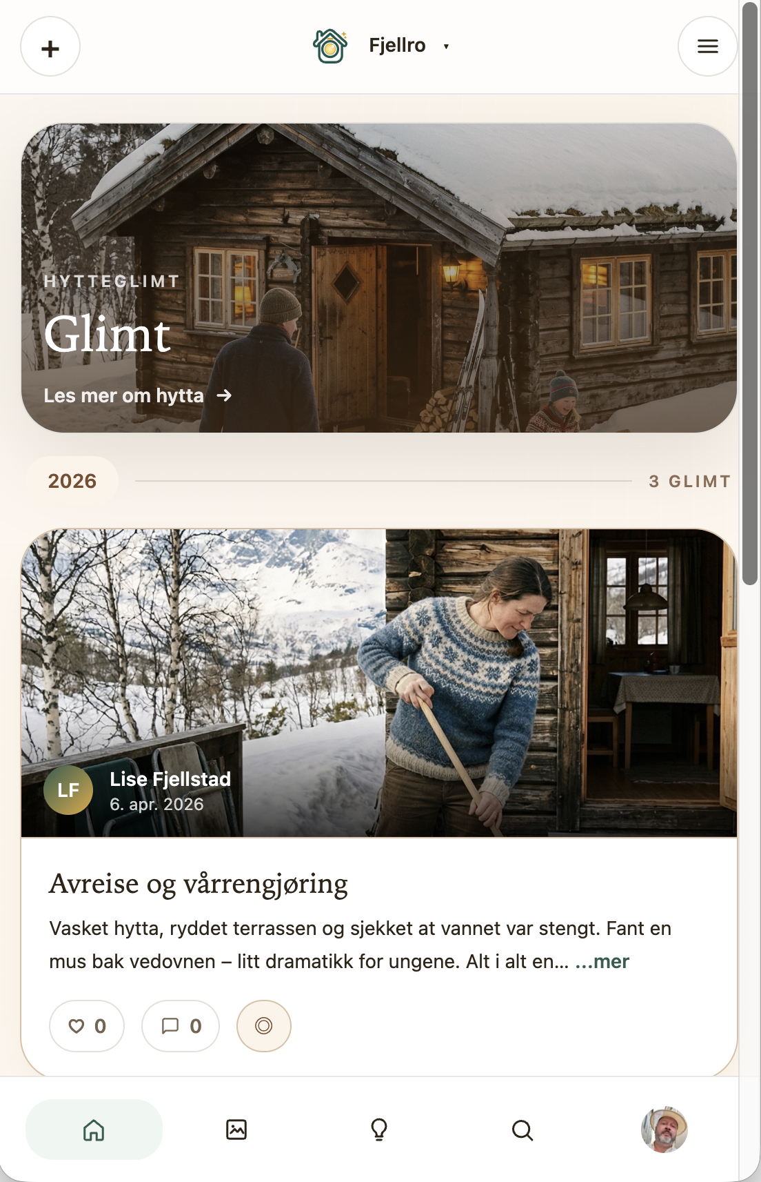 Screenshot of the cabin book – feed with posts and photos